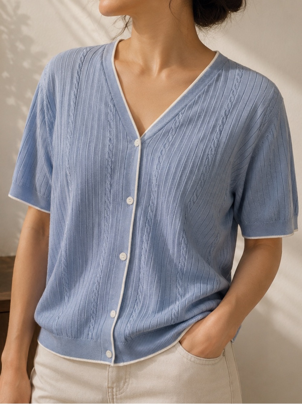 Vintage Tabi International Blue Cotton Cable Knit Cardigan L coastal grandma